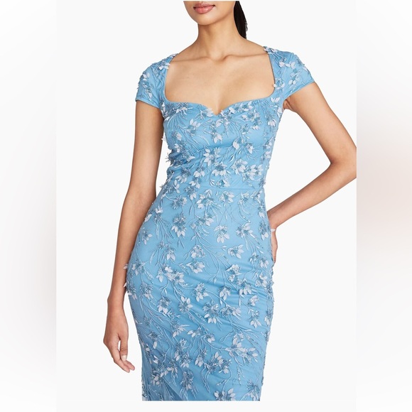 NWT $1095 Theia Blue Floral Sequin Sweetheart Cap-Sleeve Gown Dress Size 16 - Picture 2 of 13